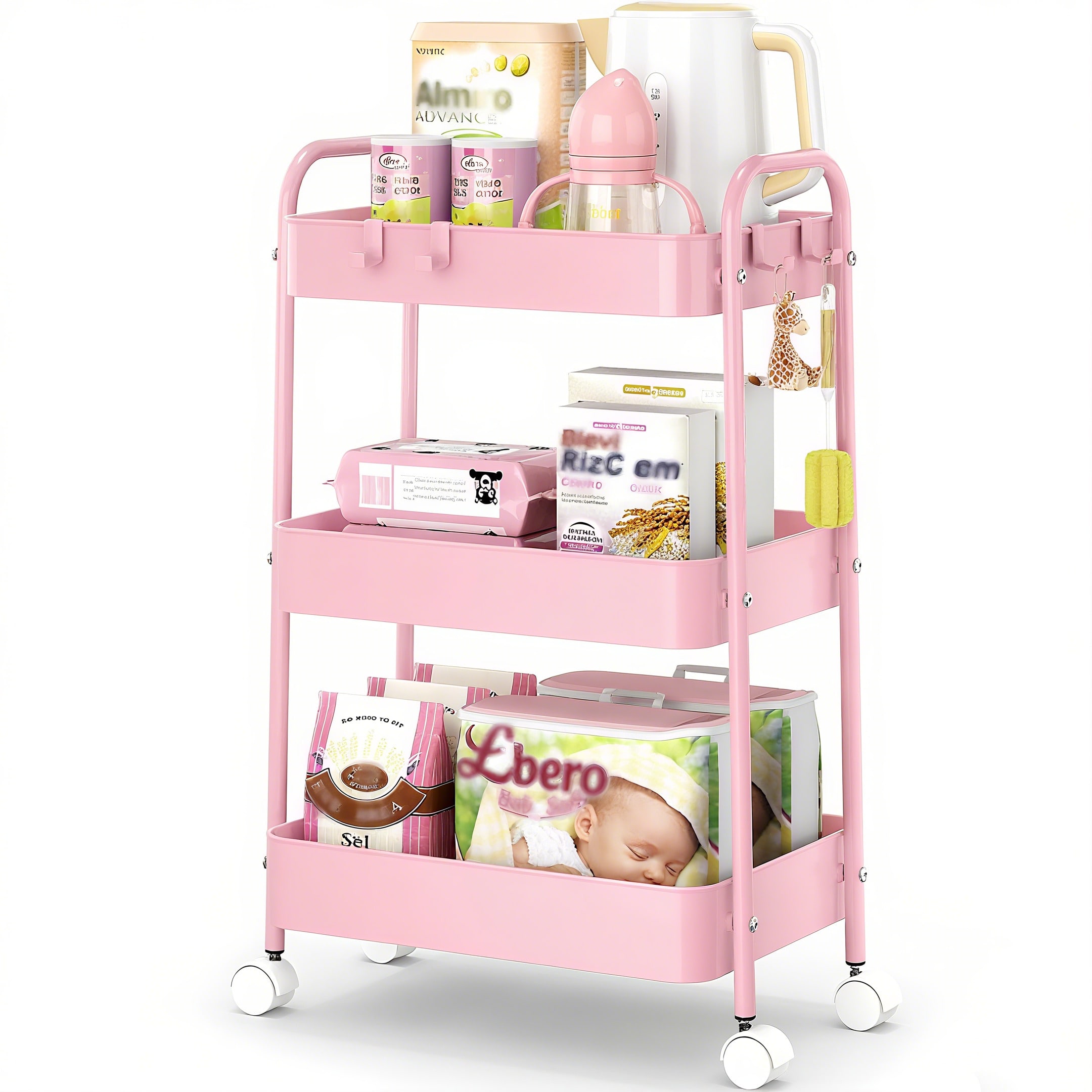 Baby Nursery Unit - รถเข็นโลหะ 3 ชั้นพร้อมล้อเลื่อน สีชมพูทันสมัย รถเข็นเก็บของอเนกประสงค์พร้อมตะกร้าตาข่ายแข็งแรง ทนทาน