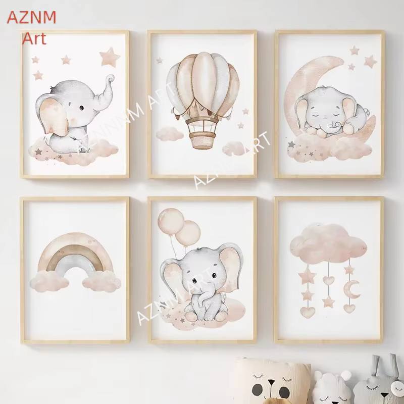 Baby Nursery Art - โปสเตอร์รูปช้าง บอลลูน สายรุ้ง ดวงจันทร์ ดาว เมฆ