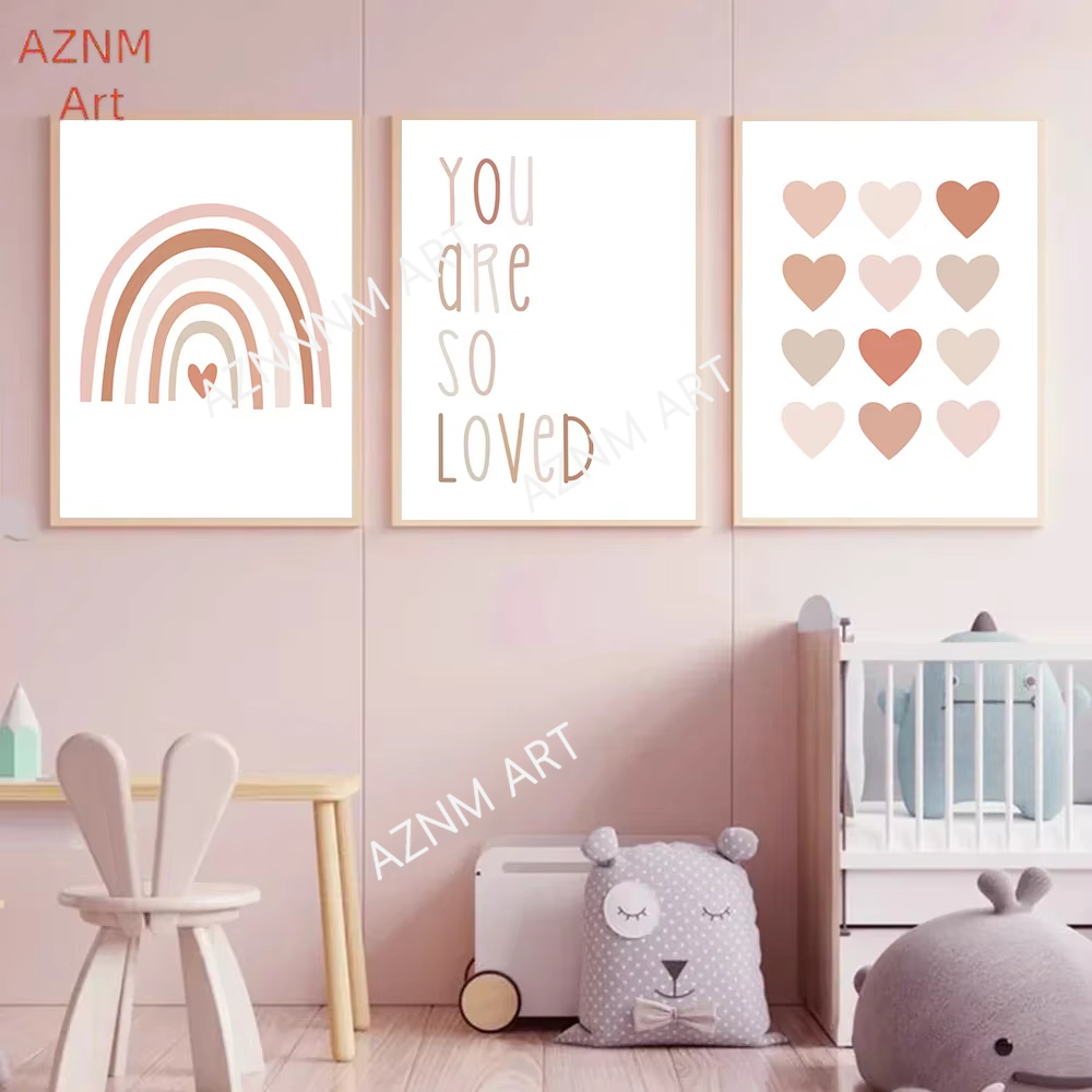Baby Nursery Art - 1/3 ชิ้น, ภาพพิมพ์ลายการ์ตูนรูปหัวใจสีรุ้งสีชมพูสำหรับตกแต่งผนัง, ภาพพิมพ์บนผ้าแคนวาสสำหรับตกแต่งห้องเด็ก, ภาพพิมพ์สไตล์นอร์ดิกสำหรับตกแต่งผนัง, ภาพพิมพ์สำหรับเด็กผู้หญิง