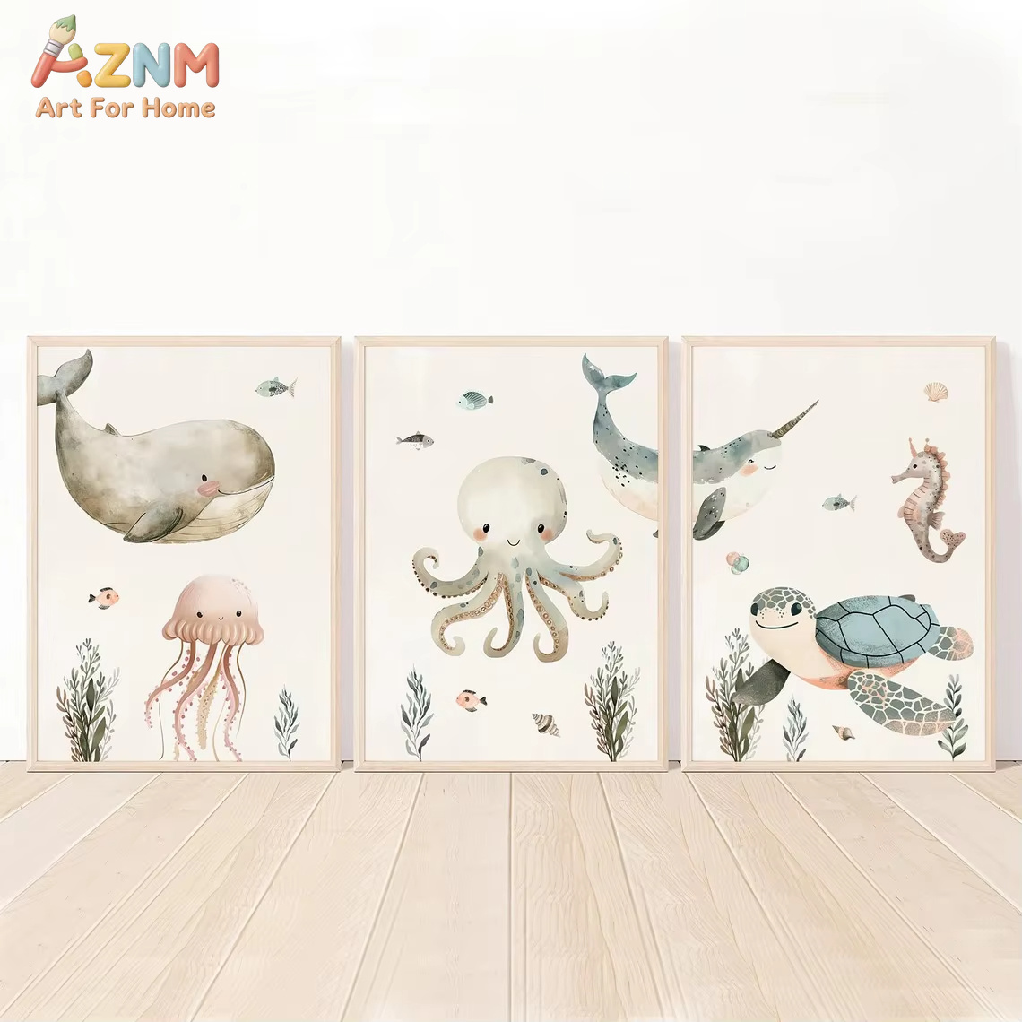 Baby Nursery Art - AZNM สีน้ำน่ารักสัตว์ทะเลศิลปะบนผืนผ้าใบติดผนังวาฬปลาหมึกเต่าม้าน้ำพิมพ์ภาพวาดบนผืนผ้าใบไม่มีกรอบสำหรับห้องเด็กอ่อน