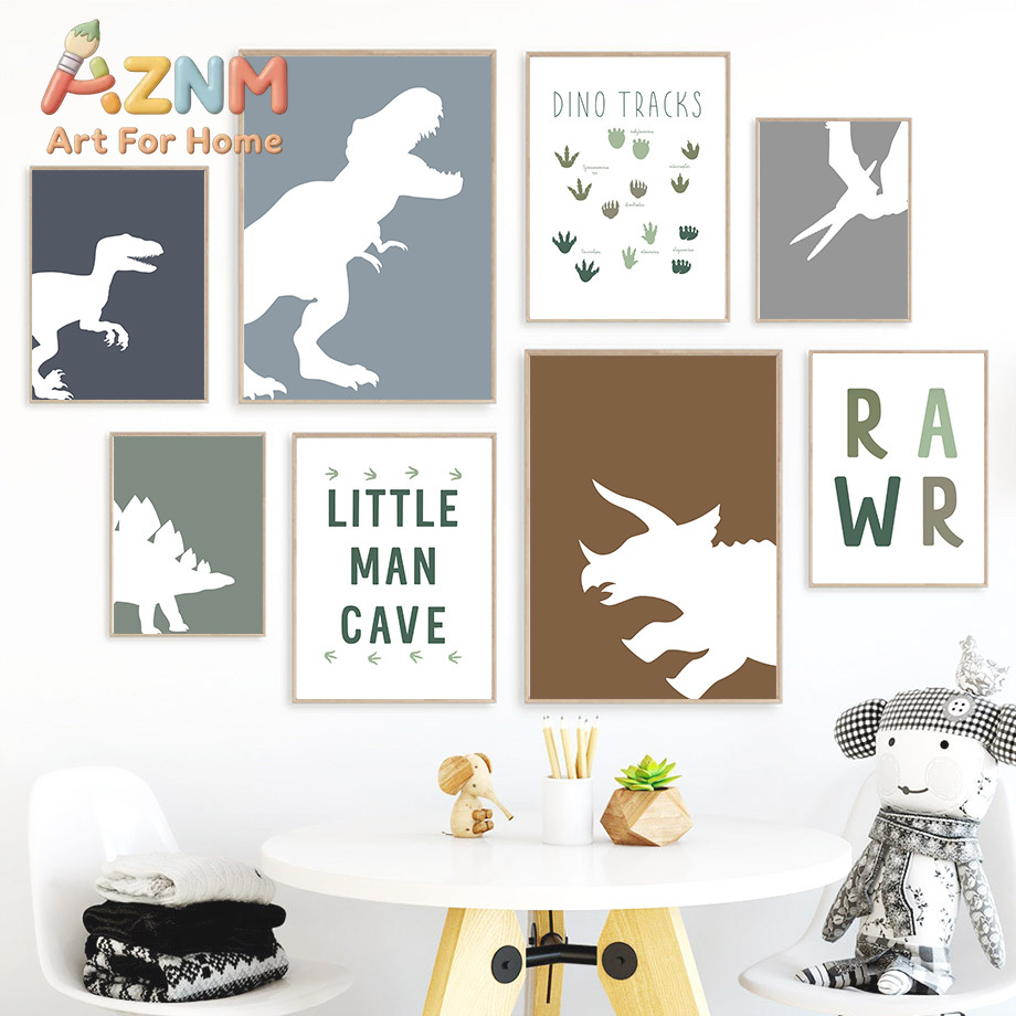Baby Boy Nursery Quotes - ภาพวาดบนผ้าใบลายไดโนเสาร์ยุคจูราสสิก ไทแรนโนซอรัส เร็กซ์ ไทรเซราทอปส์ พร้อมคำคมตกแต่งผนัง โปสเตอร์และภาพพิมพ์สำหรับห้องเด็ก