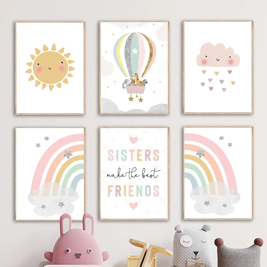 Baby Nursery Art - ยีราฟ ช้าง บอลลูนลมร้อน ดวงอาทิตย์ สายรุ้ง ห้องเด็ก