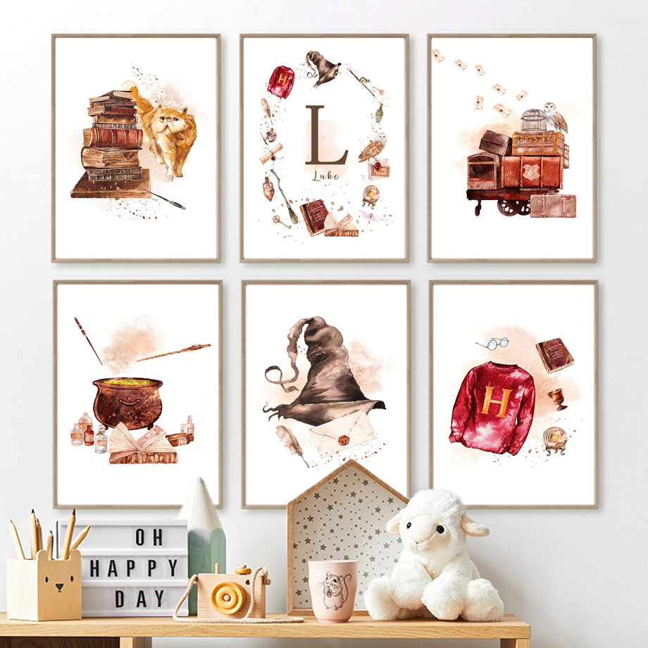 Baby Nursery Books - ภาพวาดติดผนังลายตัวอักษร ภาพพิมพ์บนผ้าแคนวาส โปสเตอร์สไตล์นอร์ดิก ของตกแต่งห้องเด็ก ลายแม่มด นกฮูก