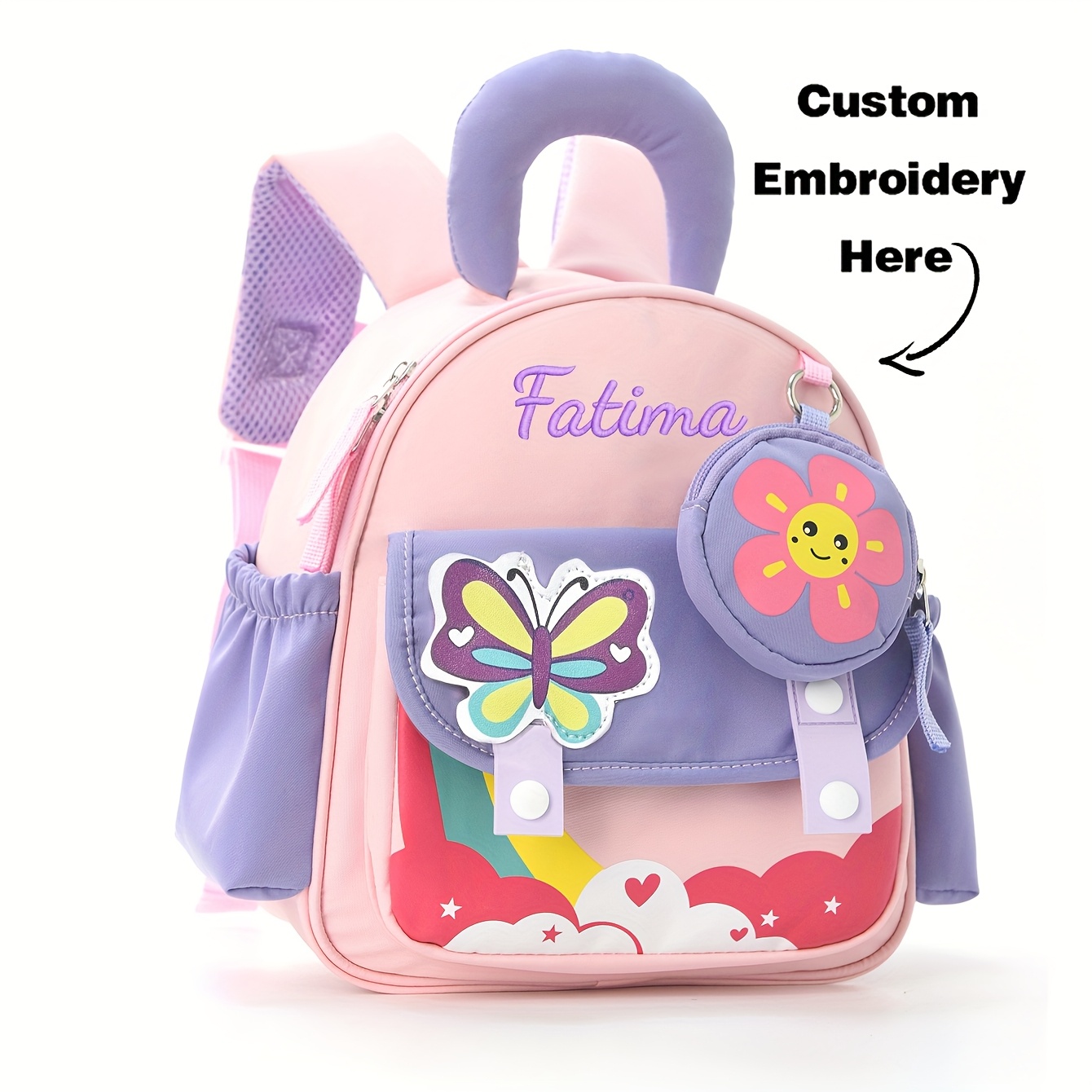 Baby Nursery Backpack - กระเป๋าเป้สะพายหลังลายการ์ตูนแบบมีสไตล์ ปักลายจรวดและผีเสื้อ กระเป๋านักเรียนน่ารัก ขนาดเล็ก น้ำหนักเบา พร้อมกระเป๋าใส่เหรียญ