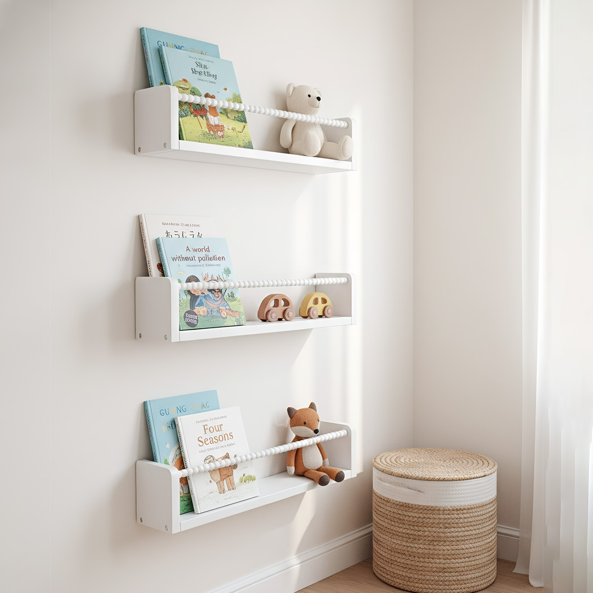 Baby Nursery Books - ชั้นวางหนังสือสำหรับห้องเด็ก, ชั้นวางหนังสือไม้แบบแขวนผนังขนาด 15.7 นิ้ว ชุด 3