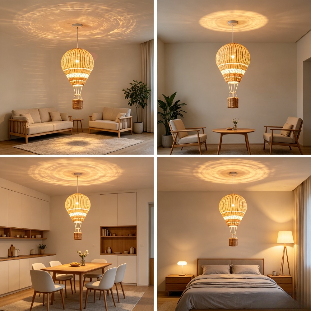 Baby Nursery Chandelier - โคมไฟระย้ารูปบอลลูนลมร้อน LED โคมไฟห้องเด็ก งานฝีมือหวายทำมือ โคมไฟห้องเด็กอ่อน ห้องนอนเด็กชาย/เด็กหญิง