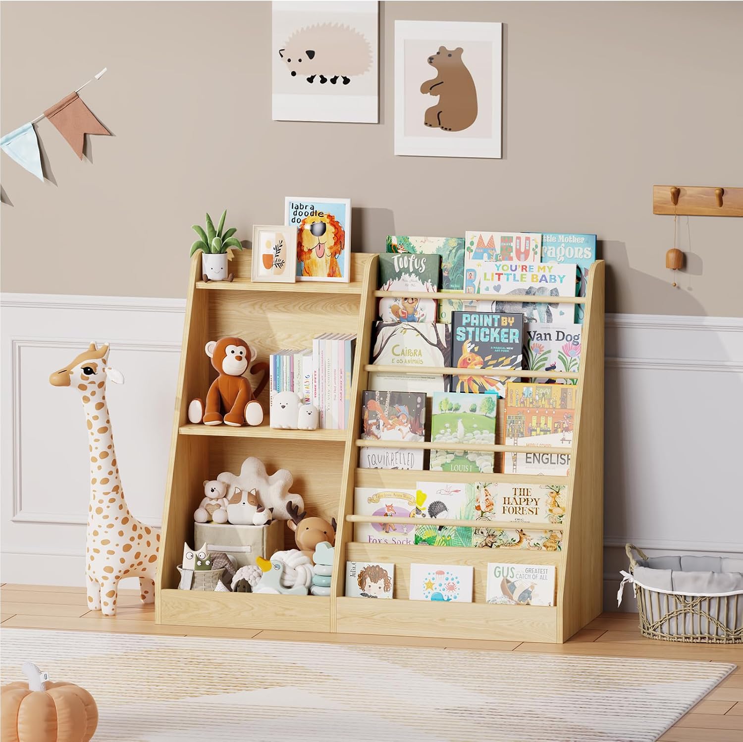 Baby Nursery Books - ชั้นวางหนังสือเด็กแบบมอนเตสซอรี่ ชั้นวางหนังสือแบบเปิดด้านหน้า 5 ชั้น ชั้นวางหนังสือเด็ก ชั้นเก็บของเล่น