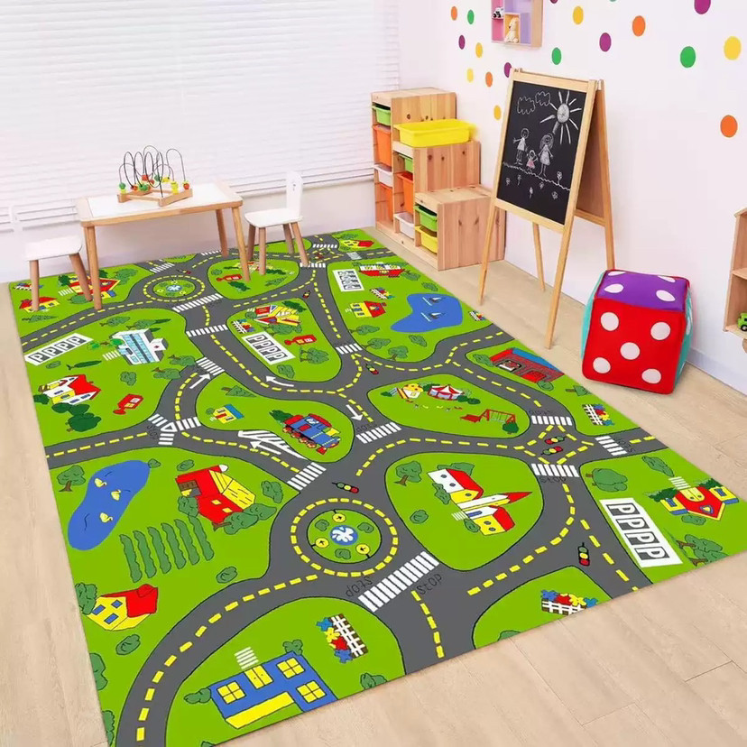 Baby Nursery Decor Boy - พรมลายการ์ตูนรถยนต์สำหรับเด็ก พรมปูพื้นสำหรับเด็กชายและเด็กหญิง ลายชีวิตในเมือง พรมเสริมพัฒนาการสำหรับเด็ก พรมห้องเด็ก ห้องนอน