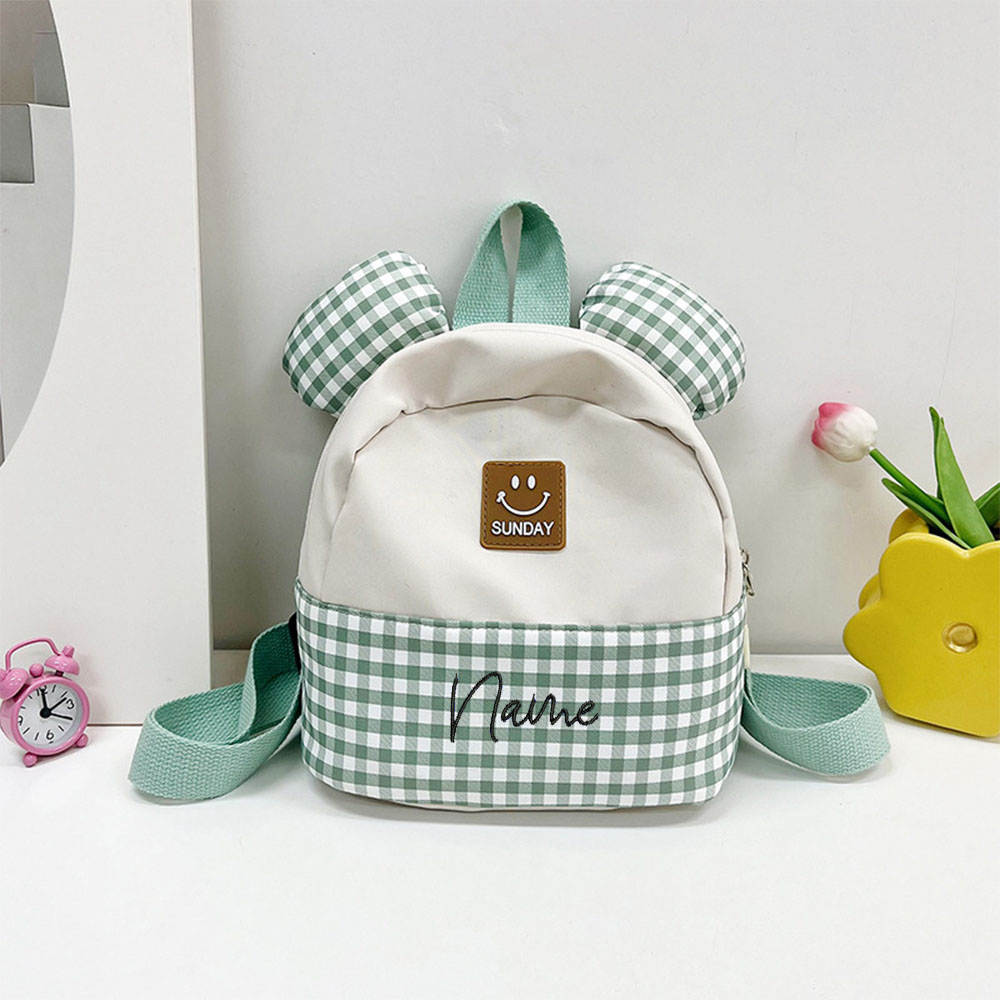 Baby Nursery Backpack - กระเป๋าเด็กลายการ์ตูนลายตารางหมากรุกปักชื่อถุงซานตาเด็กอนุบาลน่ารักใหม่