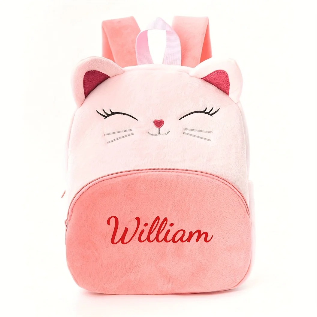 Baby Nursery Backpack - กระเป๋าเป้แมวน่ารักลายการ์ตูนปักชื่อได้ สำหรับเด็กผู้หญิง ดีไซน์ลายปักข้อความ เหมาะสำหรับไปโรงเรียน/เดินทางท่องเที่ยวกลางแจ้ง กระเป๋าพักผ่อนและกลับไปโรงเรียน