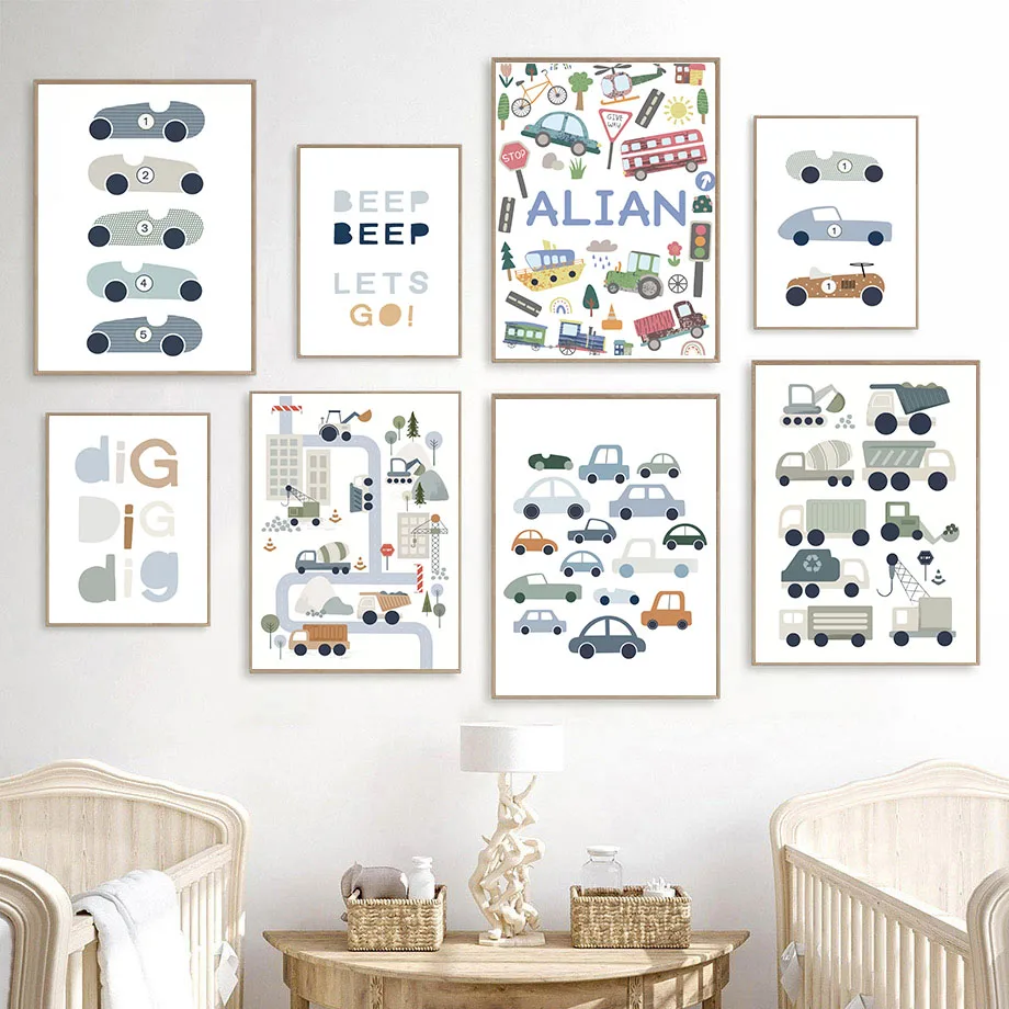 Baby Boy Nursery Quotes - ภาพพิมพ์บนผ้าใบลายรถแทรกเตอร์ รถบรรทุก รถขุด รถดันดิน รถยนต์ รถบัส