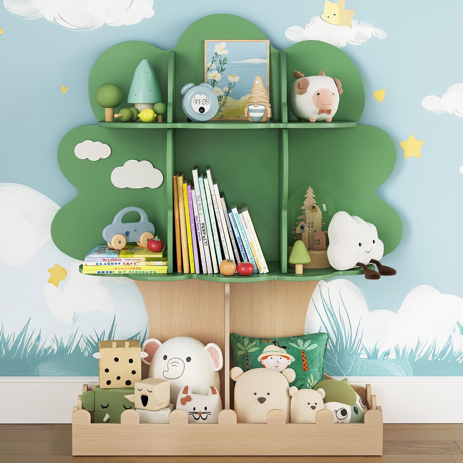 Baby Nursery Bookshelf - ชั้นวางหนังสือไม้สำหรับเด็กเล็ก ชั้นวางหนังสือมอนเตสซอรี่สำหรับเด็ก ห้องนอนเด็ก ห้องเล่นของเล่น พร้อมรั้วด้านล่าง สีเขียว
