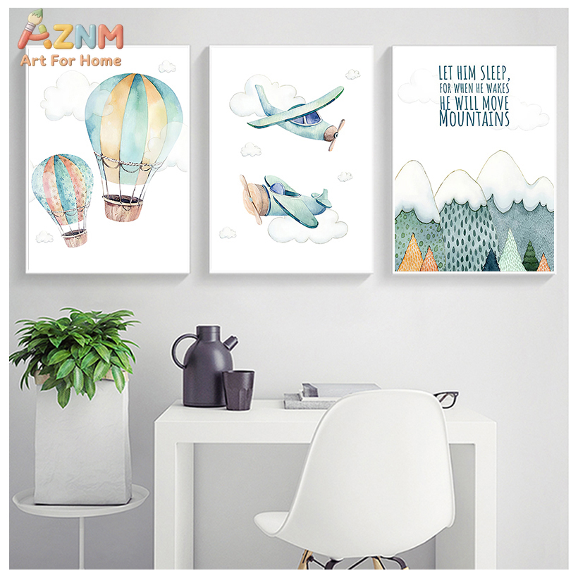 Baby Boy Nursery Quotes - AZNM ภาพวาดสีน้ำเครื่องบินบอลลูนลมร้อน ภาพพิมพ์บนผ้าใบสำหรับตกแต่งผนัง คำคมสร้างแรงบันดาลใจจากภูเขา ภาพพิมพ์สำหรับห้องเด็ก ห้องเด็กชาย