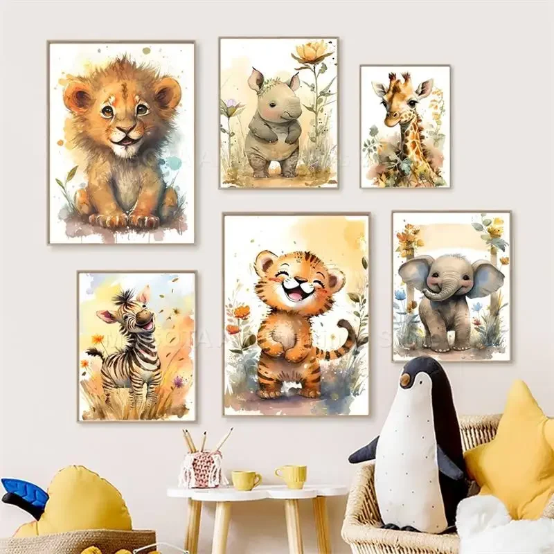 Baby Nursery Art - สีน้ำสิงโตยีราฟเสือช้างม้าลายเนอสเซอรี่ศิลปะบนกำแพงภาพวาดผ้าใบสัตว์โปสเตอร์พิมพ์ภาพเด็กทารกเด็กตกแต่งห้อง