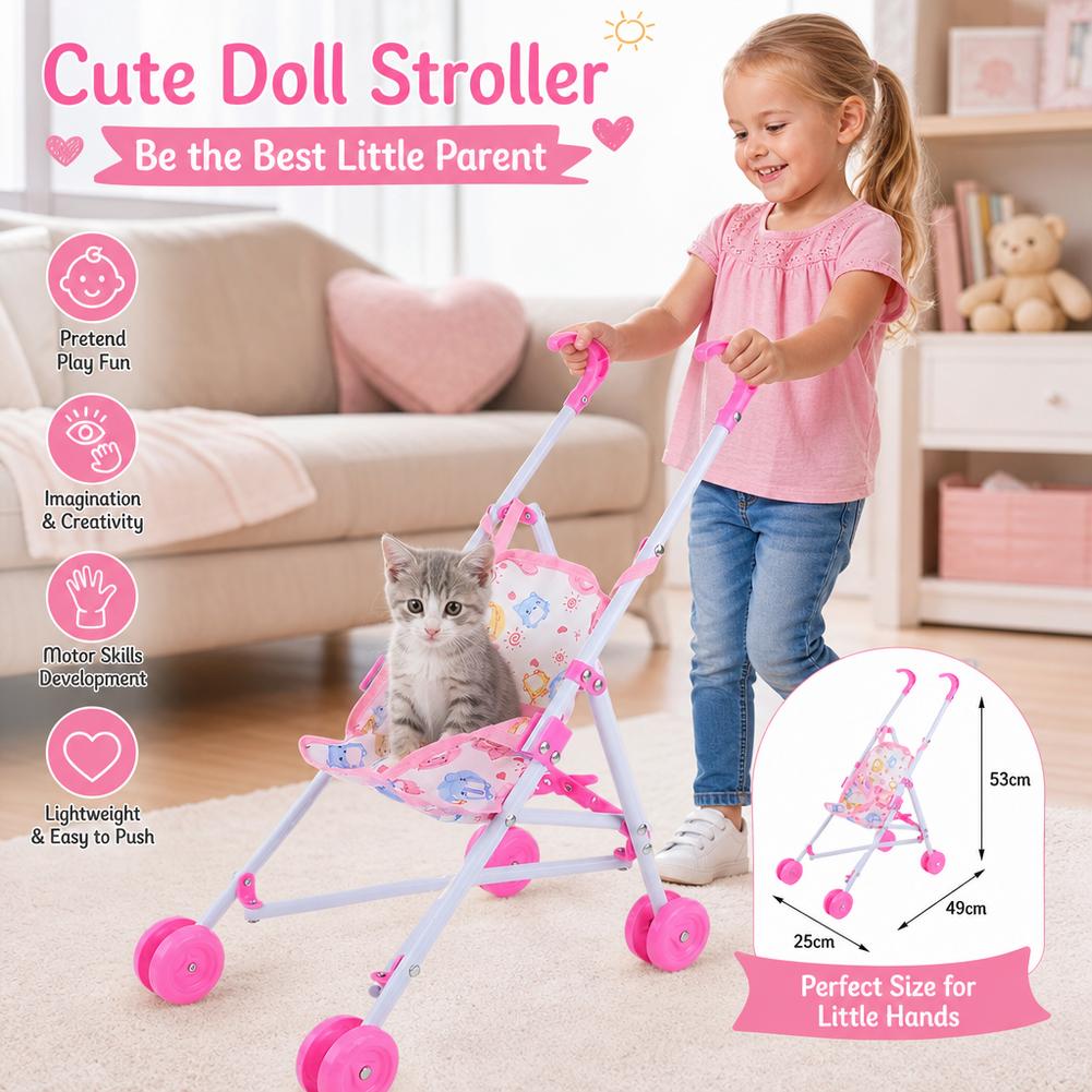 Baby Nursery Trolley - รถเข็นตุ๊กตาสีชมพู รถเข็นเด็ก รถเข็นแบบพับได้ ของเล่นจำลองการเล่น รถเข็นเด็ก เฟอร์นิเจอร์บ้านจำลอง