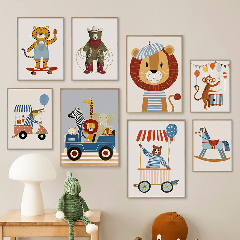 Baby Nursery Items - ภาพวาดการ์ตูนสัตว์ตลกๆ สำหรับตกแต่งผนังห้องเด็ก ภาพพิมพ์บนผ้าใบ ลายสิงโต หมี เสือ