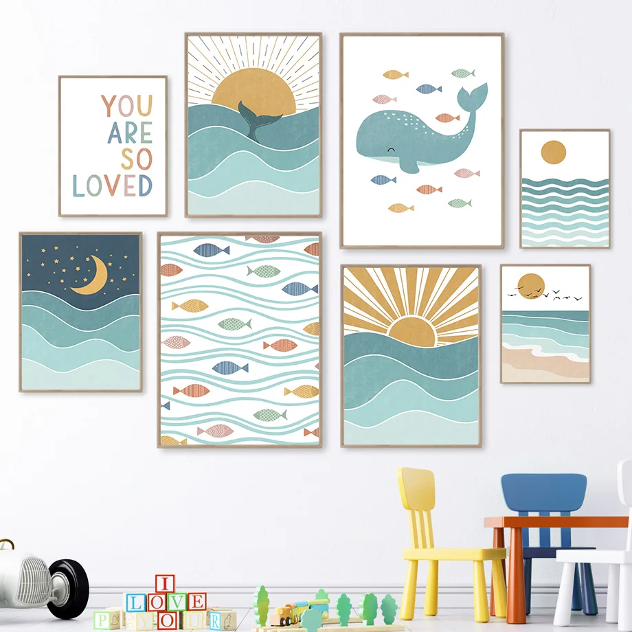 Baby Boy Nursery Quotes - 1 ชิ้น ภาพพิมพ์บนผ้าใบ ไร้กรอบ ลายปลา วาฬ