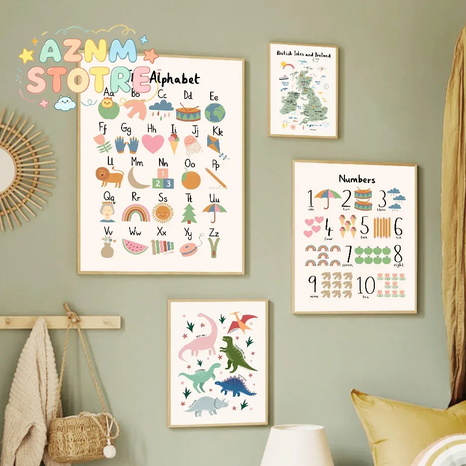 Baby Nursery Items - แผนที่โลกสัตว์ ไดโนเสาร์ ตัวอักษร ตัวเลข ภาพวาดบนผ้าใบ โปสเตอร์ตกแต่งผนังสำหรับห้องเด็กอ่อน