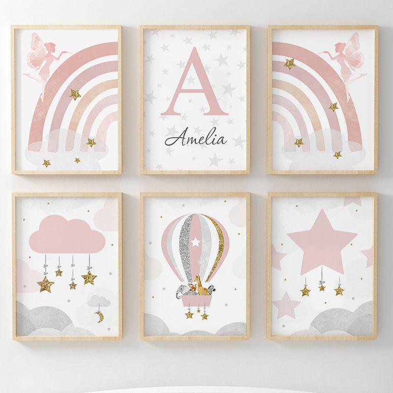 Baby Nursery Art - ภาพพิมพ์บนผืนผ้าใบลายเด็กผู้หญิงนางฟ้าสีชมพู สายรุ้ง บอลลูน เมฆ ดาว สัตว์ต่างๆ