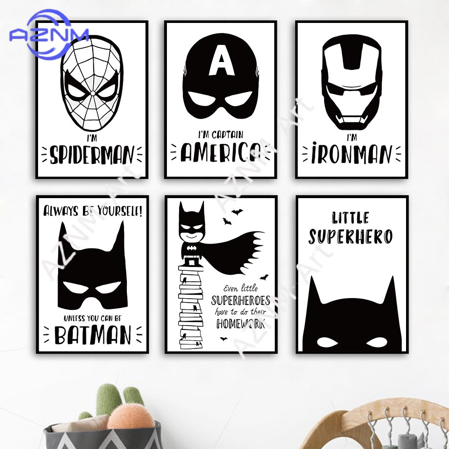 Baby Nursery Decor Boy - ศิลปะบนผนังภาพวาดบนผืนผ้าใบค้างคาวการ์ตูนสีดำสีขาวซูเปอร์ฮีโร่ภาพยนตร์นอร์ดิกโปสเตอร์และภาพพิมพ์เด็กภาพเด็กทารกตกแต่งห้องเด็ก