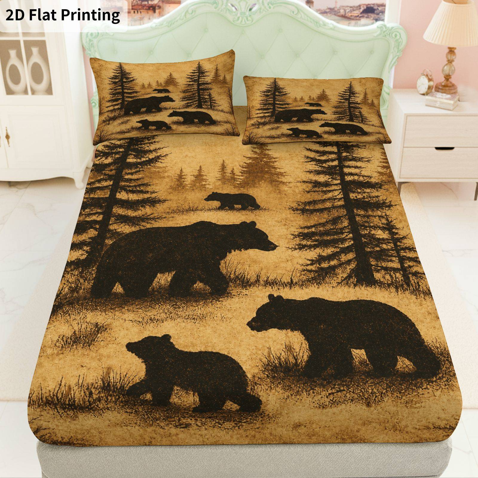 Baby Nursery Forest Theme - ชุดผ้าปูที่นอนลายป่าหมีน้อย ครบชุด ผ้าปูที่นอนแบบรัดมุม ปลอกป้องกันที่นอน วัสดุโพลีเอสเตอร์ระบายอากาศ (ประกอบด้วยผ้าปูที่นอนแบบรัดมุม