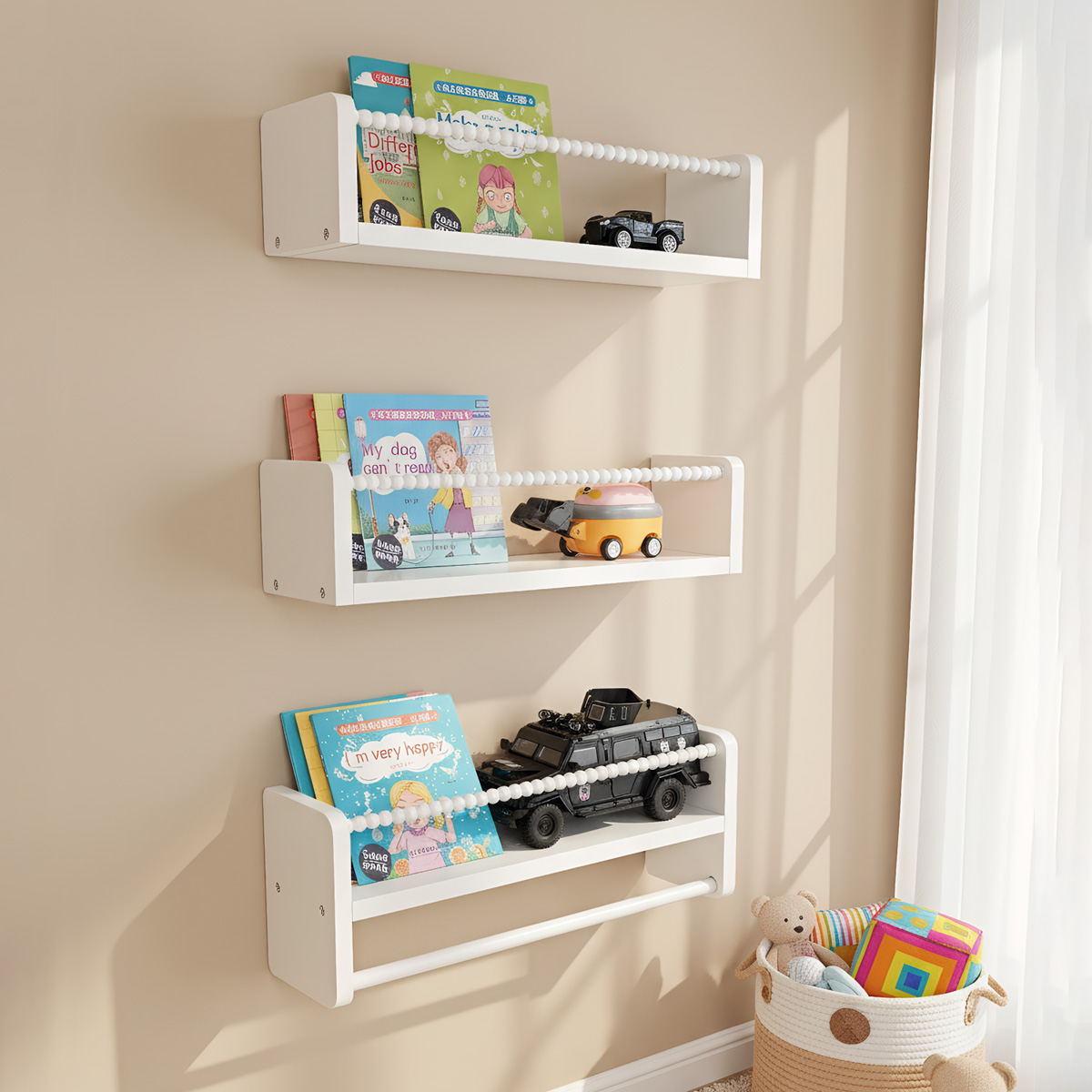 Baby Nursery Books - ชั้นวางหนังสือไม้สำหรับห้องเด็ก, ชั้นวางหนังสือติดผนังขนาด 15.7 นิ้ว ชุด 3