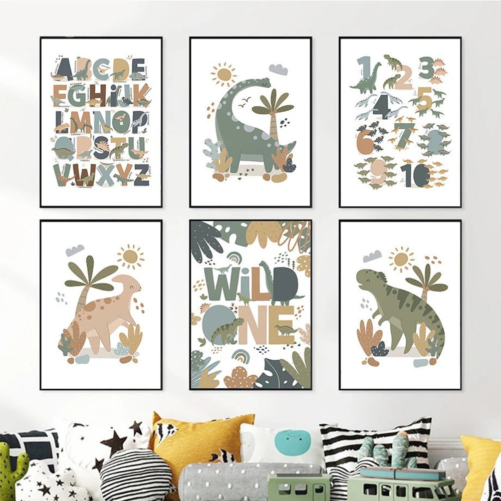 ภาพวาดบนผ้าใบลายไดโนเสาร์น่ารั - Baby Nursery Art บทวิจารณ์และราคา