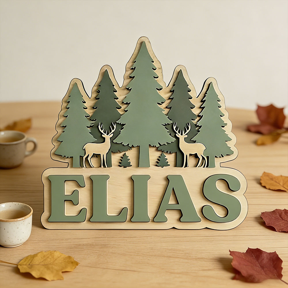 ป้ายชื่อประตูไม้รูปต้นสนลายกวา - Baby Nursery Forest Theme บทวิจารณ์และราคา
