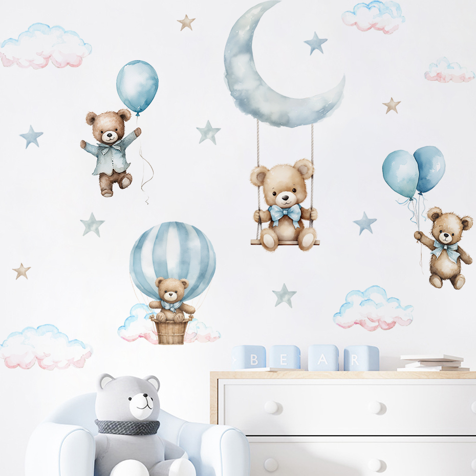 สีน้ําหมี Hot Air บอลลูน Cloud - Baby Nursery Decor Boy บทวิจารณ์และราคา