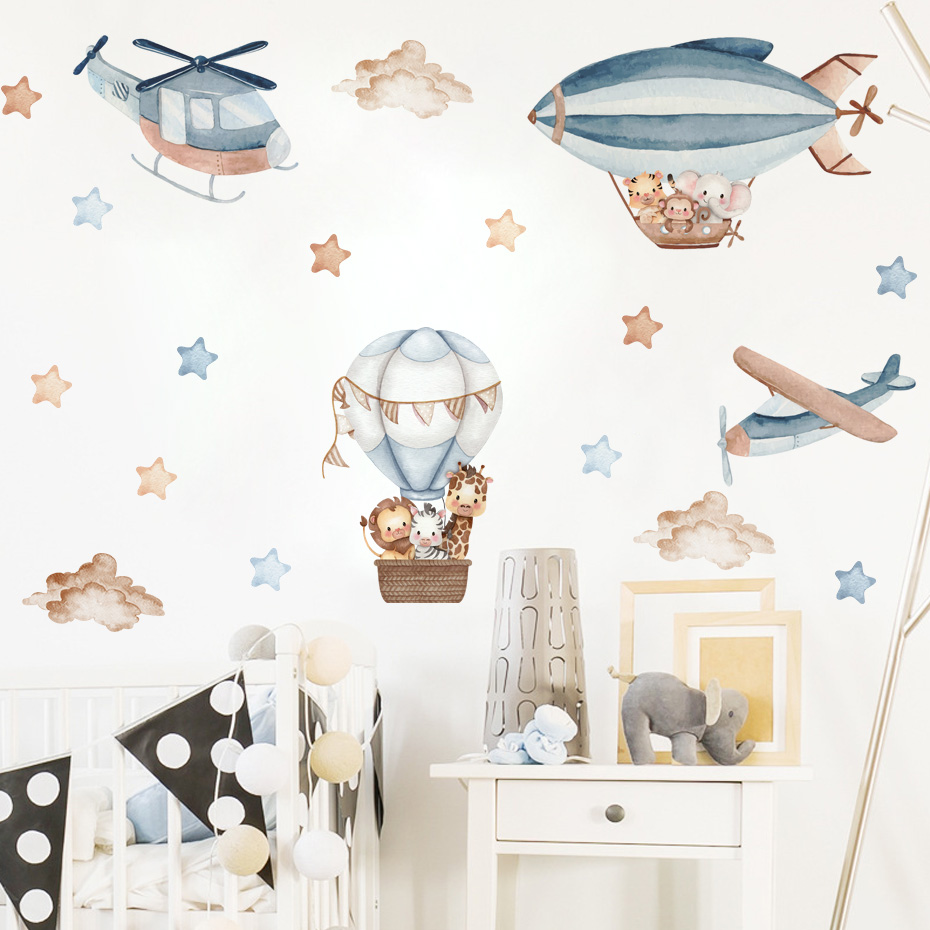 สีน้ําสัตว์ Hot Air บอลลูนเมฆส - Baby Nursery Decor Boy บทวิจารณ์และราคา