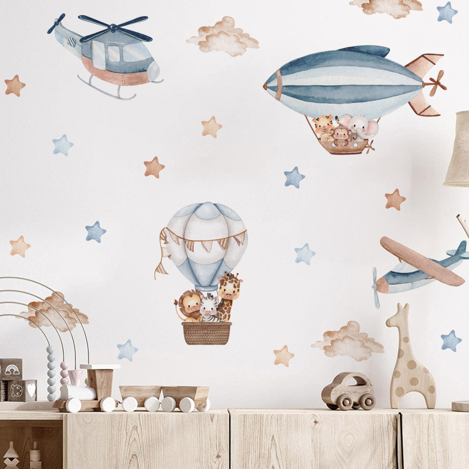 สีน้ําสัตว์ Hot Air บอลลูนเมฆส - Baby Nursery Decor Boy บทวิจารณ์และราคา